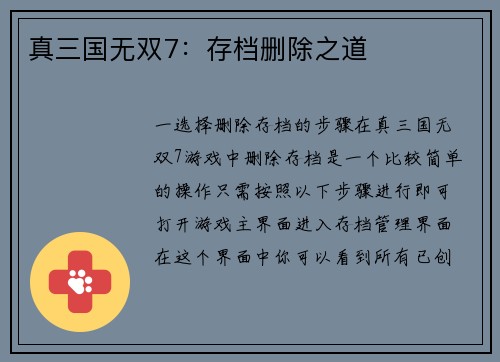 真三国无双7：存档删除之道